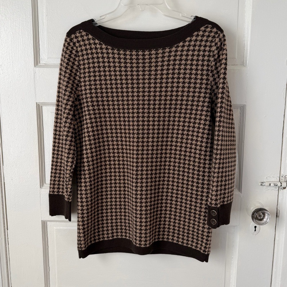 Talbots Merino Wool Brown Houndstooth Sweater‎ Boat Neck Preppy Classic Office M - Picture 10 of 14